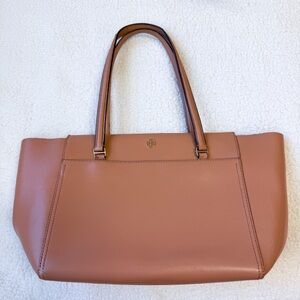 Tory Burch Brown Leather Large Parker Tote Bag Cardamom/Royal Navy FAIR